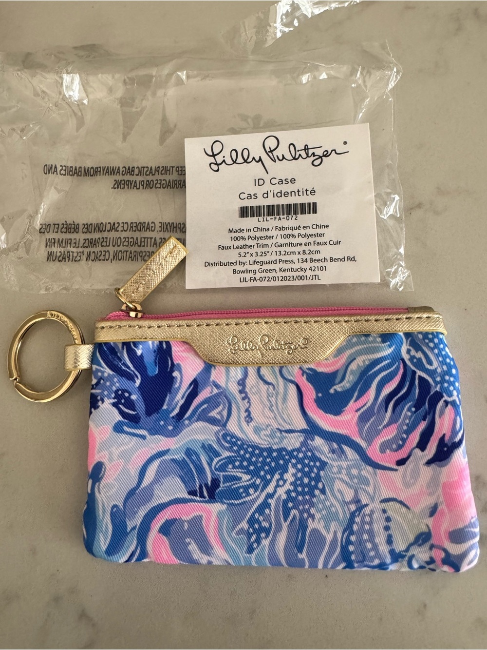 Lilly Pulitzer Blue Pink Floral ID Card & Key Pouch with Gold Accent